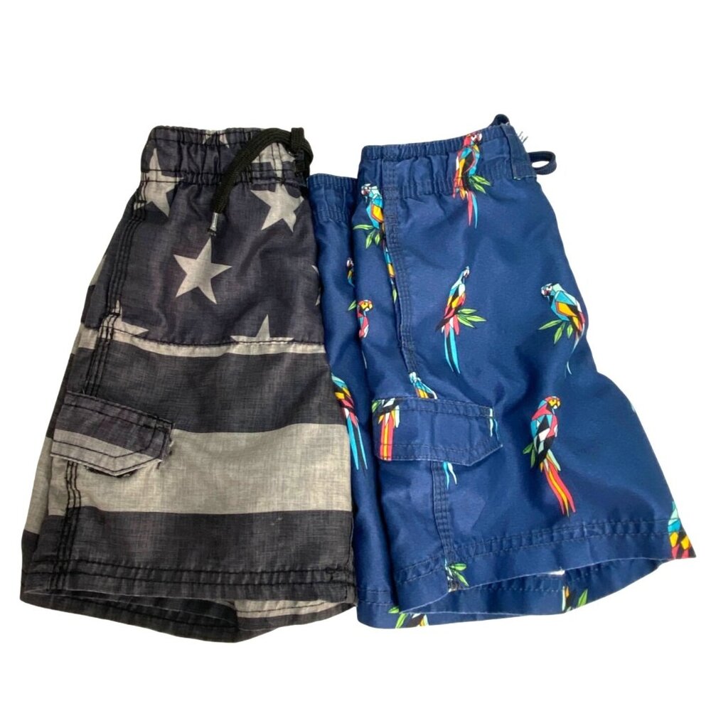 Okanu Surf Toddler Boy's Lot of 2 Beach Swim Trunks Parrot Flag Print Size 4T